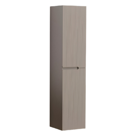 Tall beige cabinet with a grooved vertical-front panel, standing against a white background.