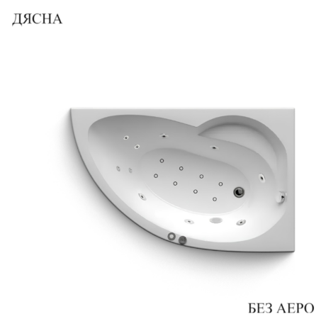 Close-up of a white corner jacuzzi tub with many jet nozzles, photographed from above; Cyrillic brand text appears in the top-left and bottom-right.