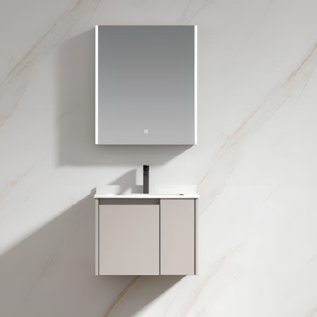 Vertical mirror cabinet with backlit edges mounted on a marble bathroom wall. (informative)