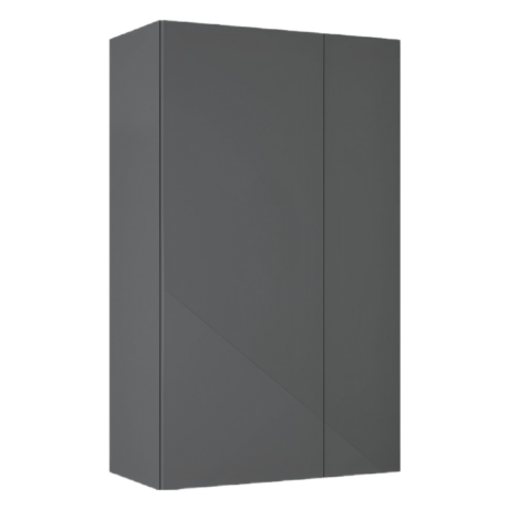Tall dark gray storage cabinet with two doors photographed from the front-left angle, against a white background.