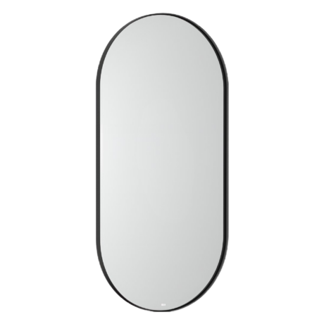 Tall arched standing mirror with a black border set against a white background.