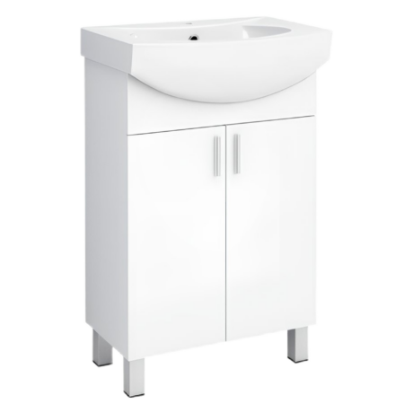 White bathroom vanity with integrated sink and cabinet doors on slender legs (modern design).