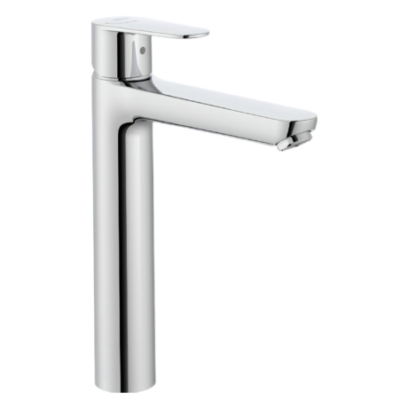 Chrome faucet close-up showing a flat lever handle on top and sleek cylindrical body