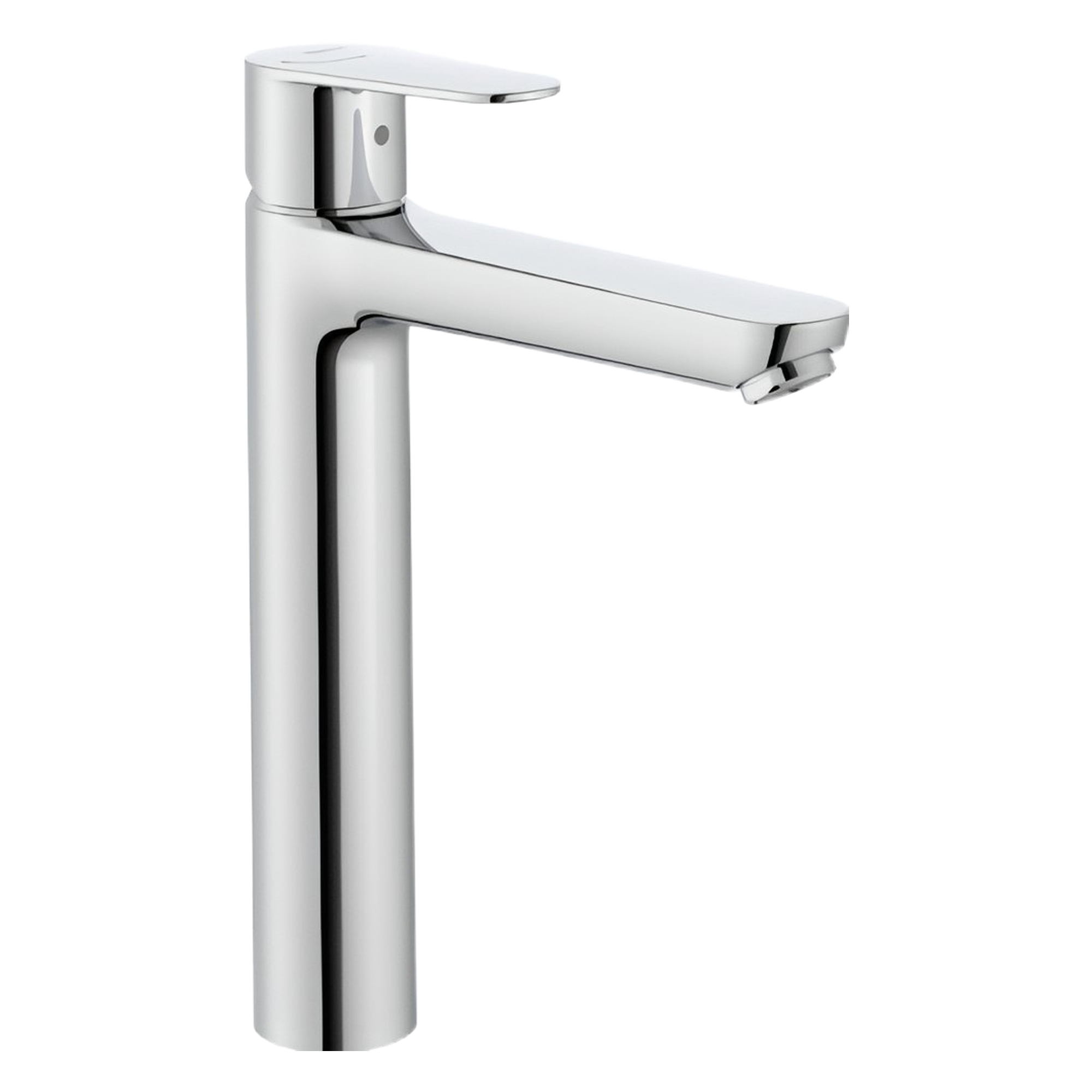 8f03e09d-c6fe-4618-ba8e-4b275cb82ec9 - Мебели за баня и душкабини Chrome faucet close-up showing a flat lever handle on top and sleek cylindrical body