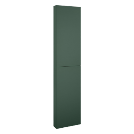 Tall dark-green storage cabinet shown in perspective with a base drawer visible at the bottom on a white background.