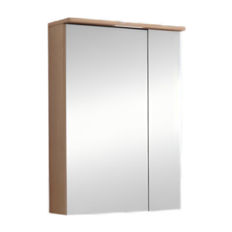 Tall wooden-framed mirror cabinet with two large mirrored doors. (Informative image)