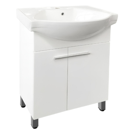 White bathroom vanity with integrated sink and a two-drawer cabinet on dark metal legs with wheels.