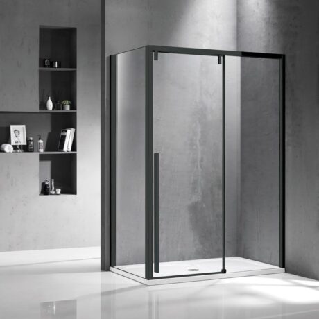 Modern glass shower enclosure with a black metal frame in a minimalist gray bathroom, featuring a white shower base and clear panels.