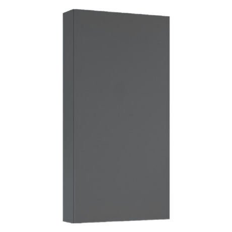 Tall dark gray storage cabinet seen from the side against a white background, with a vertical seam down the door edge.