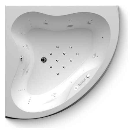 Top-down view of a white oval bathtub with multiple jet nozzles and a curved interior design.