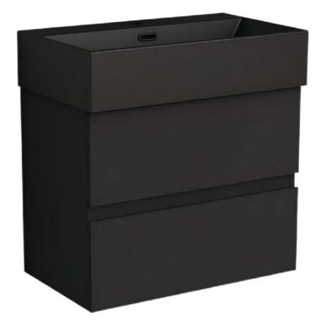 Tall, matte black storage cabinet with two or more drawers, photographed from a corner to show depth and clean lines, no visible handles.