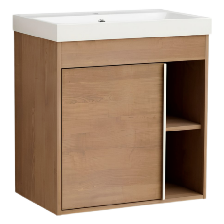 Wooden storage cabinet with a white top and an open lower shelf on the right side.