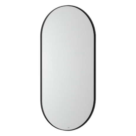 Full-length arched floor mirror with a black frame against a white background, showing reflectionless glass edge.