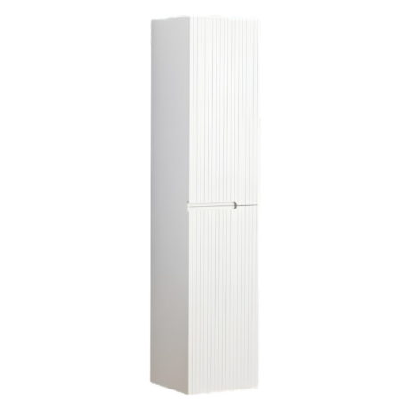 Tall white refrigerator with vertical ridge panels on the door, standing alone in a bright space.