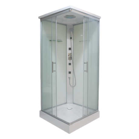 Glass corner shower enclosure with a metal frame, sliding doors, a ceiling shower head, and a handheld shower fixture inside the stall