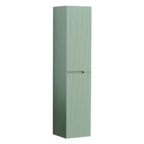 Tall green storage cabinet with a plain left panel and a vertical-grooved right face, shown at a slight angle on a white background.