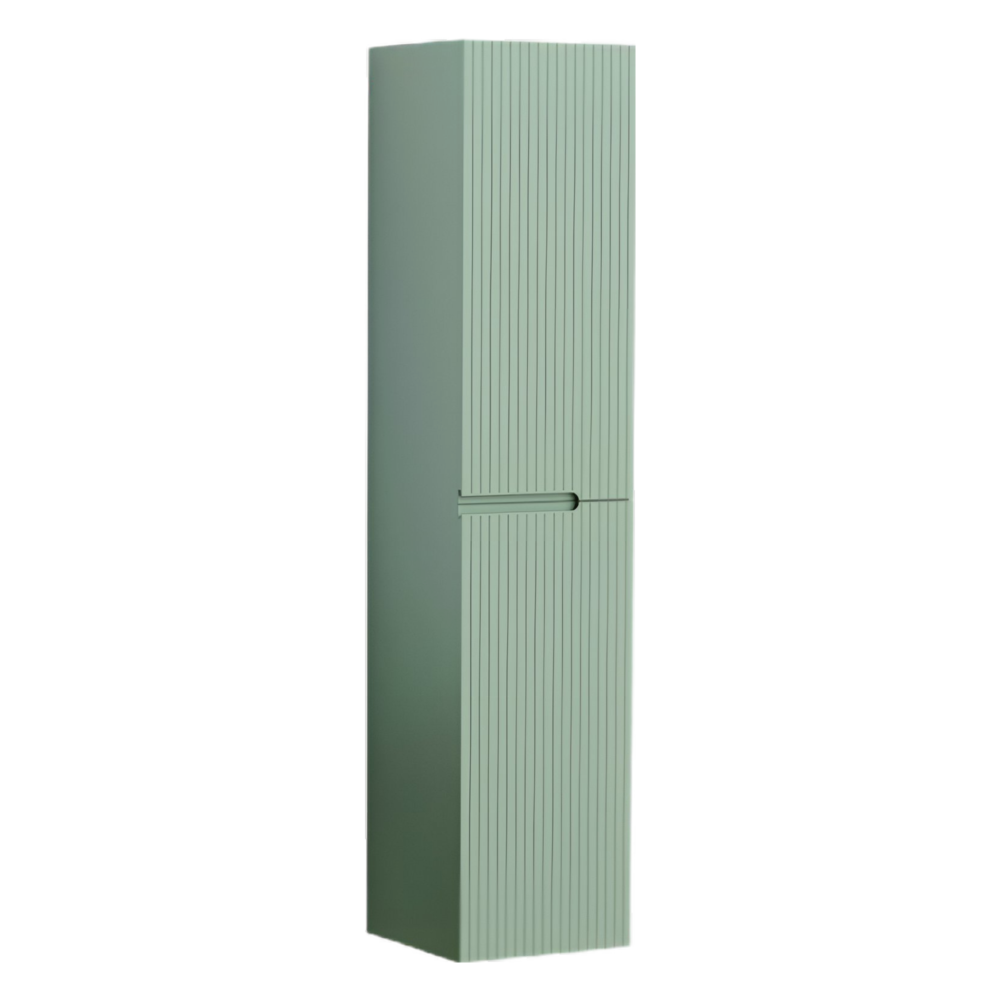 ba7a1491-41d9-445d-aba2-1d2f8873a2ae - Мебели за баня и душкабини Tall green storage cabinet with a plain left panel and a vertical-grooved right face, shown at a slight angle on a white background.
