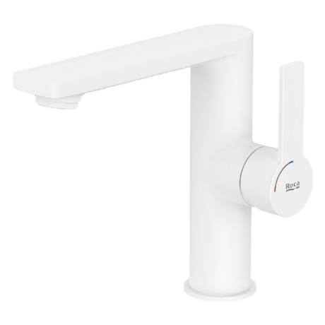 White modern single-handle faucet with a curved spout and temperature indicator on the knob, close-up view.