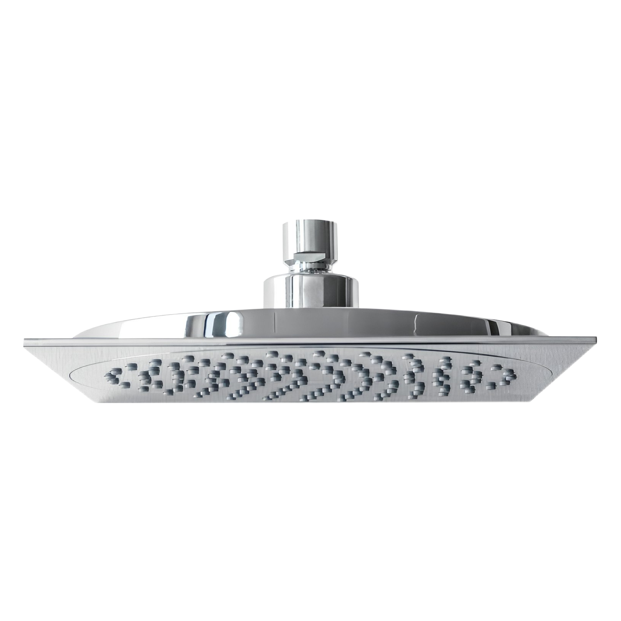 Chrome rainfall shower head mounted to the ceiling with many small spray nozzles