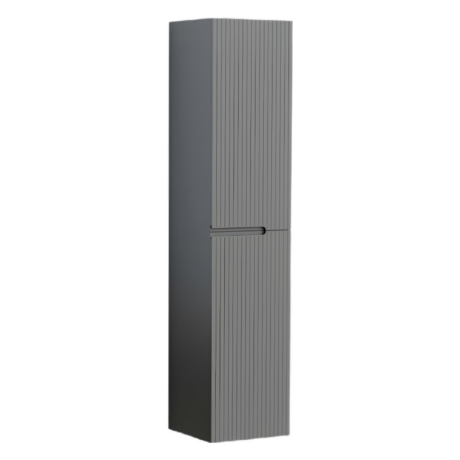 Tall gray storage cabinet with a ribbed front panel and lower drawer area.