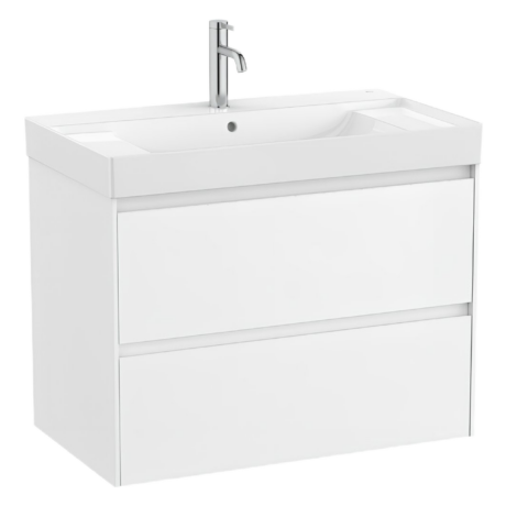 White bathroom vanity with a tall chrome faucet and integrated sink washtub, minimalist modern design
