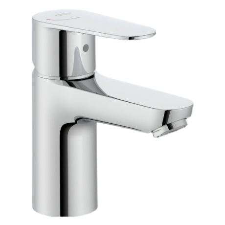 Close-up of a shiny chrome bathroom faucet with a flat lever handle against a white background, showing its sleek, modern design.