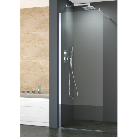 Modern glass shower enclosure with a rainfall showerhead and handheld wand, dark gray walls, and beige tiled area next to a white bathtub.