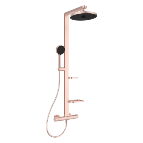 Rose-gold shower system with a large round overhead head and a handheld shower on a vertical rail.