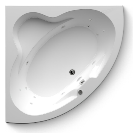 Close-up of a curved white bathtub interior with multiple circular jets along the rim.
