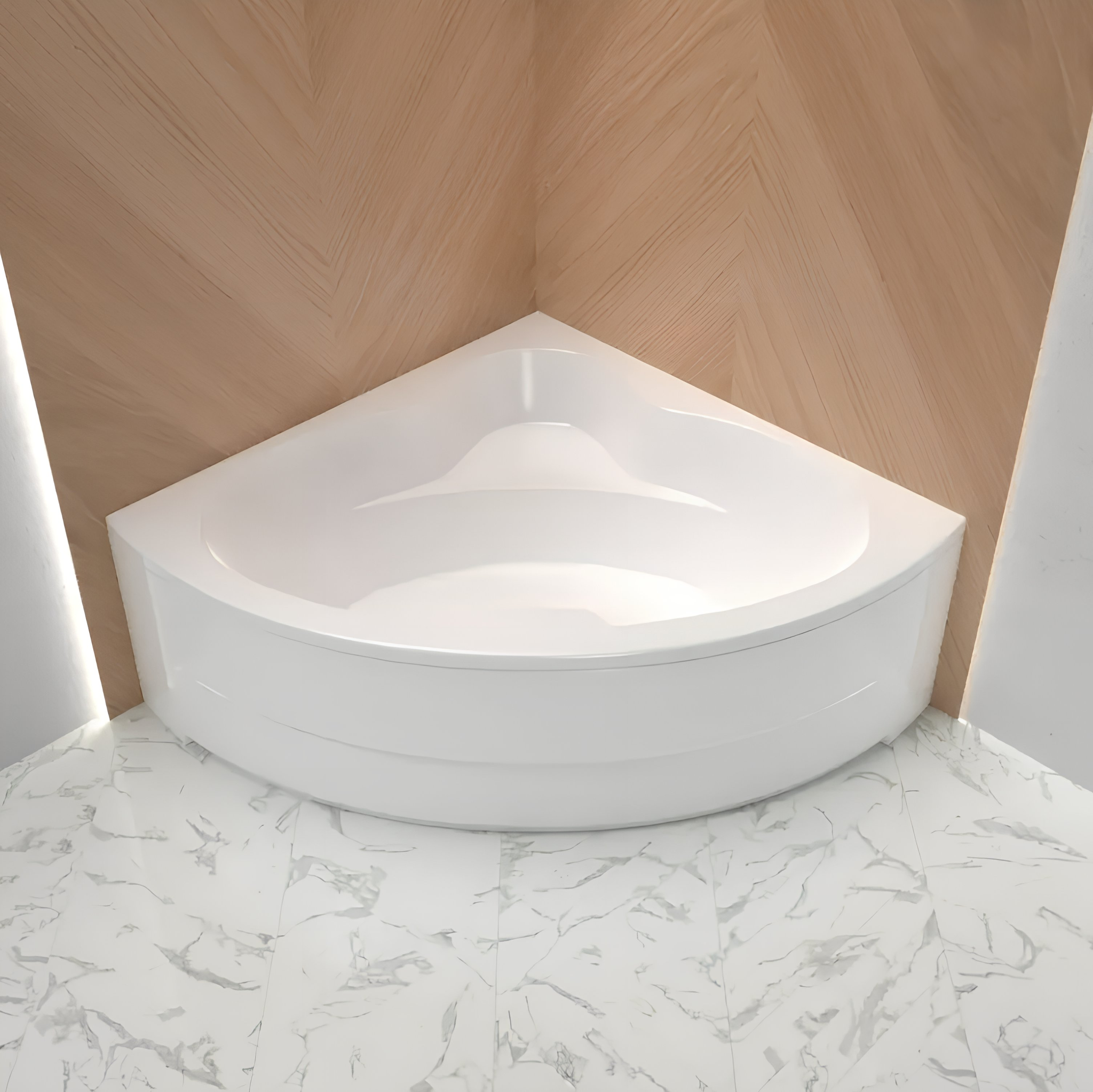 White curved corner bathtub set against beige paneled walls in a marble-tiled bathroom.