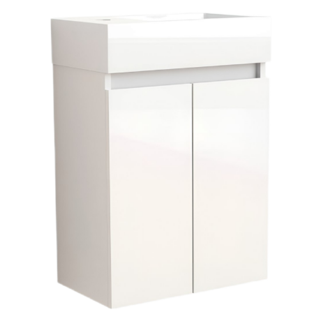 White modern storage cabinet with a top drawer and two lower doors, angled view.