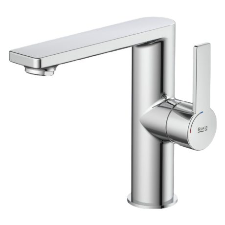 Chrome single-handle faucet with flat horizontal spout and rounded edges, shown in close-up