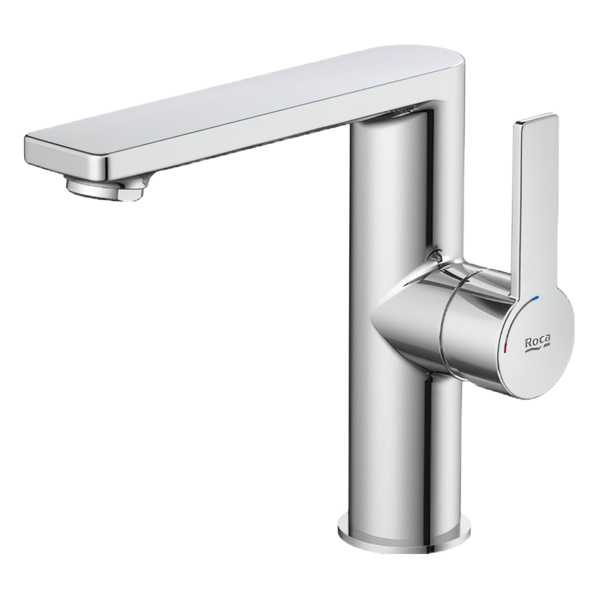 ee7c870a-1b81-4c19-8c43-cb3fbc300737 - Мебели за баня и душкабини Chrome single-handle faucet with flat horizontal spout and rounded edges, shown in close-up
