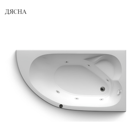 Top-down view of a white curved bathtub with multiple jet nozzles along the rim.