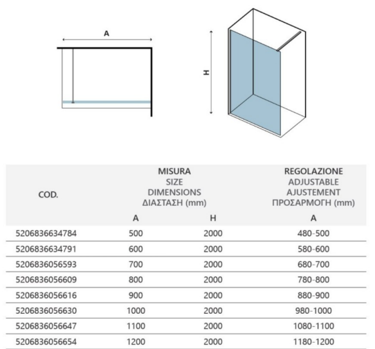 Technical diagram of an adjustable shower panel: left shows a plan/front view with width A; right shows a 3D perspective of the panel inside a shower cubicle with height H. A tabular data block below lists codes, sizes (A x H in mm), and adjustable A ranges (480–1200 mm, etc.).