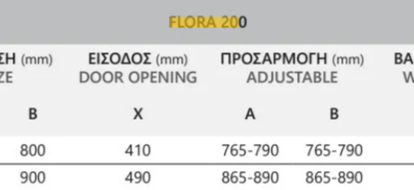 Flora 200 specifications: Row 1 – size 800×800 mm; door opening 410 mm; adjustable range 765–790 mm; weight 43 kg. Row 2 – size 900×900 mm; door opening 490 mm; adjustable range 865–890 mm; weight 48 kg.