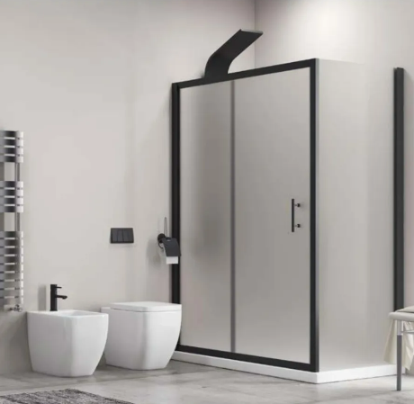 Modern bathroom featuring a large black-framed shower enclosure, a towel warmer, and a white bidet/toilet pair with a wall-mounted faucet nearby