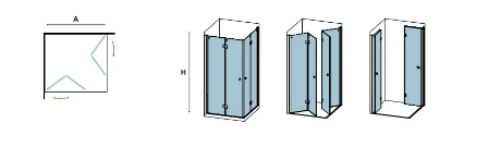 Illustration of a rectangular shower enclosure with glass panels and doors, showing height H and width A and assembly steps.
