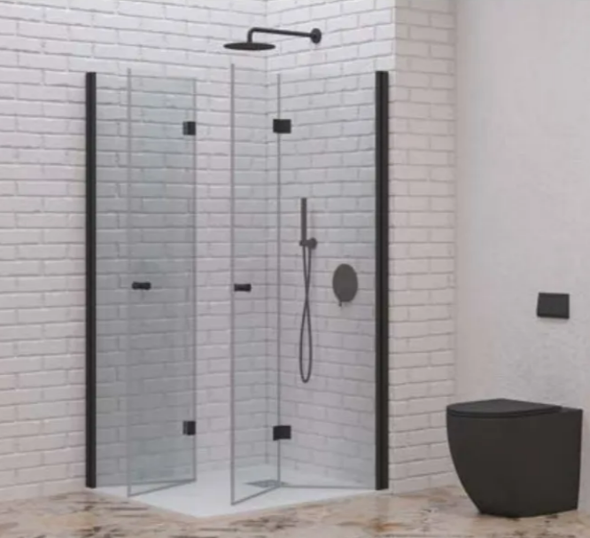 Modern bathroom featuring a glass corner shower with black frame, rainfall head, handheld shower, and a nearby black wall-mounted toilet.