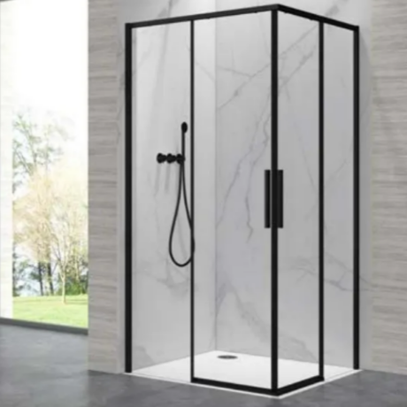 Black-framed glass shower enclosure with a handheld shower and matte black door handle, set in a marble-tiled bathroom corner.