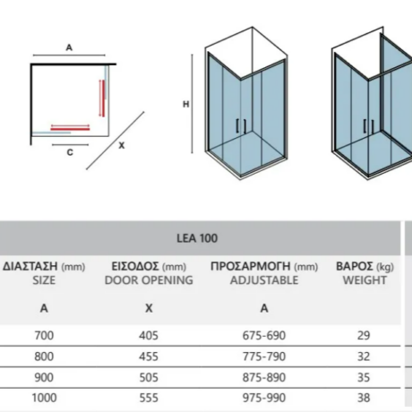 LEA 100 shower enclosure: dimensional schematic with size A, door opening X, adjustable range 675–990 mm, height H, and a size/weight table (700–1000 mm, 29–38 kg)
