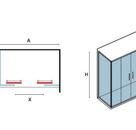 Plan view and 3D view of a shower enclosure with sliding doors; dimensions A, B, X, H shown, doors run along bottom track and meet a vertical frame.