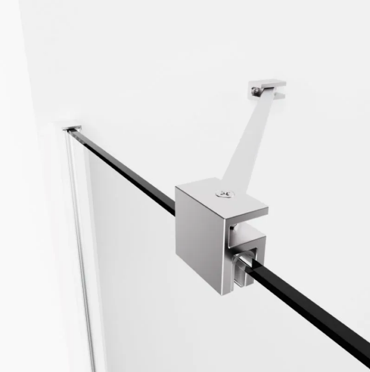 Door with a metal hinge/closer mounted on a glass panel, featuring a rectangular chrome housing and an angled arm grip system for opening the door.