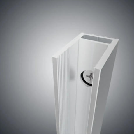 White 3D rendering of a tall white door/frame extrusion with a ribbed edge and a circular lock inside the opening.