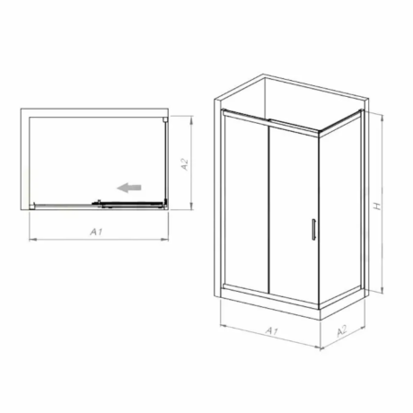 Isometric plan and front view of a corner shower with sliding doors; dimensions A1, A2, and H indicated.