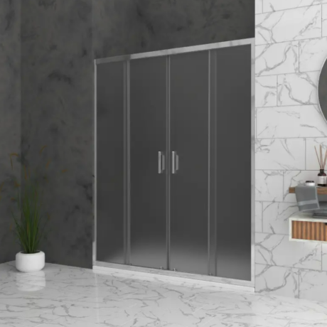 Shower enclosure with four-panel gray glass doors and chrome handles in a marble-tiled bathroom.