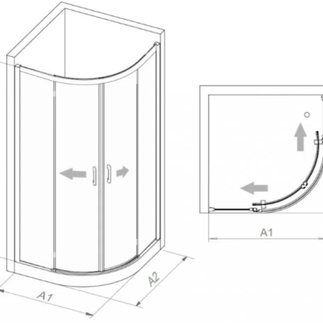 Curved quadrant shower enclosure with sliding doors and curved sash, shown with dimension labels A1, A2, and H (technical schematic).