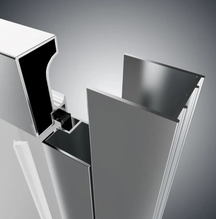 Close-up of silver aluminum extrusion profiles with interlocking joints, seen from above.