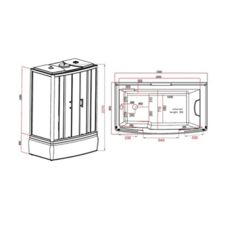 Technical drawing of a shower cubicle with both side and top views, showing overall dimensions and internal clearances in millimeters.