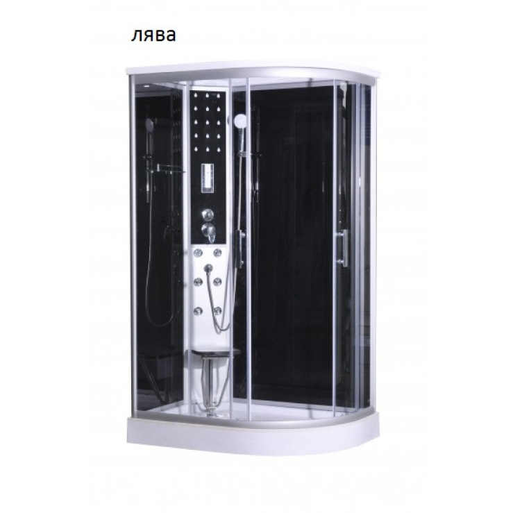 Curved glass shower cabin with body jets, handheld shower, and control panel on a white base.